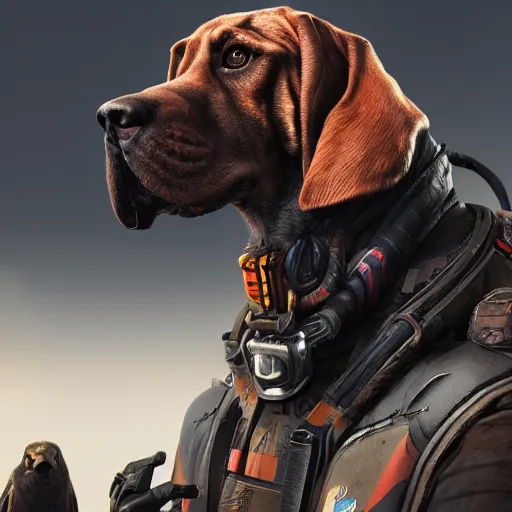 Image similar to portrait of bloodhound with his raven from apex legends, 8 k uhd, unreal engine, octane render in the artstyle of finnian macmanus, john park and greg rutkowski