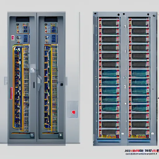 Image similar to highly detailed datacenter switchgear, protective relays, molded case circuit breakers, concept art, character art, studio lightning, bright colors, intricate, masterpiece, photorealistic, hyperrealistic, sharp focus, high contrast, artstation hq, deviantart trending, 8 k uhd, unreal engine 5