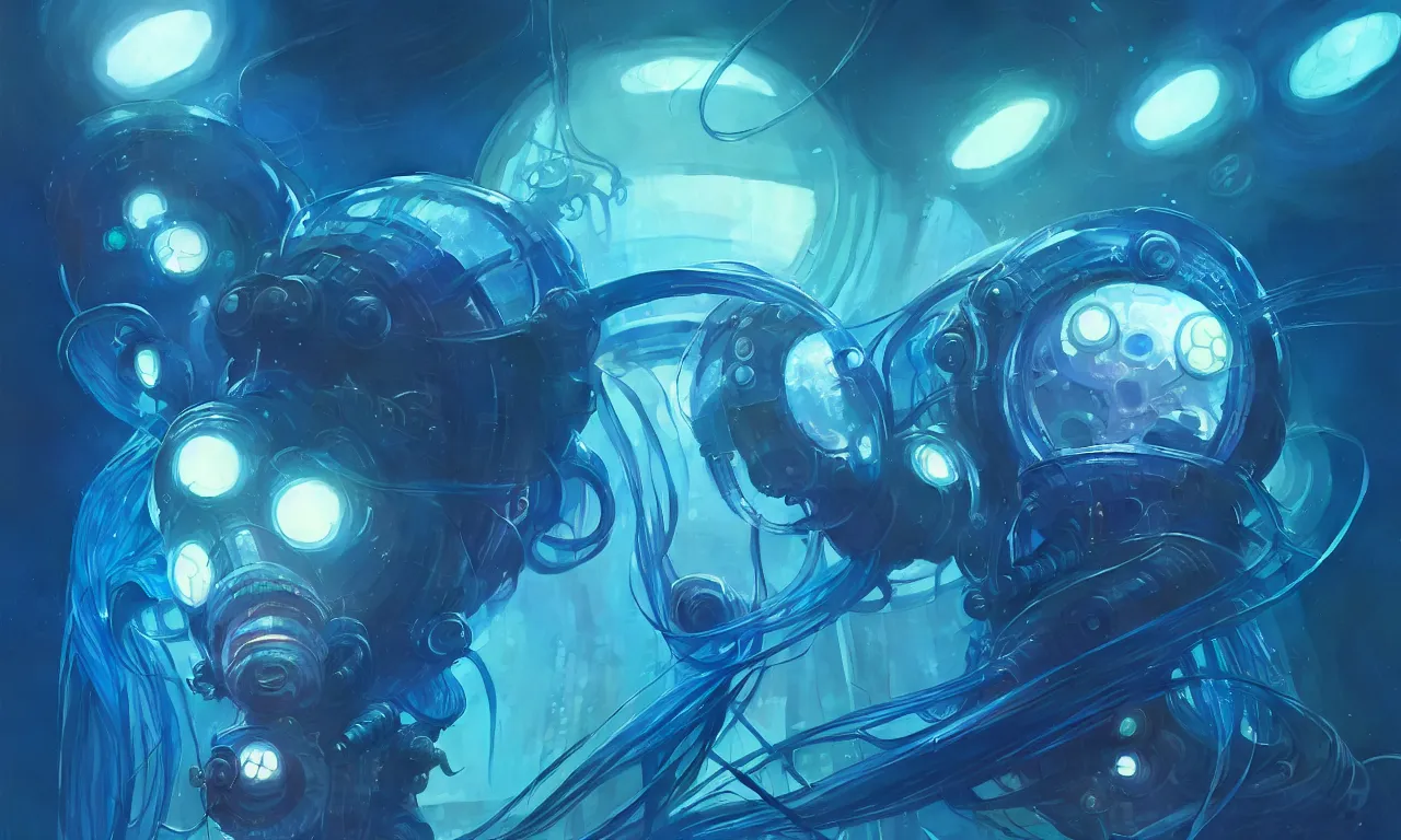 Image similar to cyberpunk jellyfish, blue tones, underwater, 360, highly detailed, digital painting, artstation, concept art, smooth, sharp focus, illustration, art by greg rutkowski and alphonse mucha