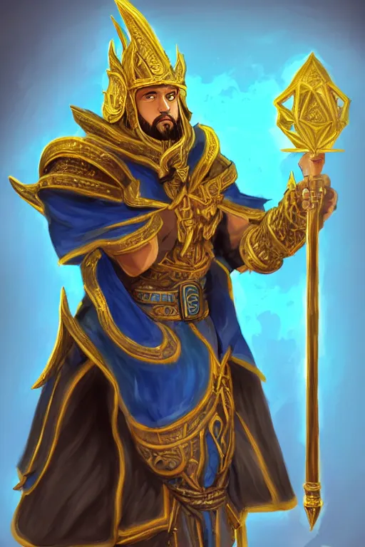 Prompt: Picture of a male Cleric, black skin, blue short hair, short beard, dragon-inspired cloth robes, gold and blue, ornamental, hammer, wings, background depicting a temple, fantasy, dnd, d&d, illustration, digital painting, artstation