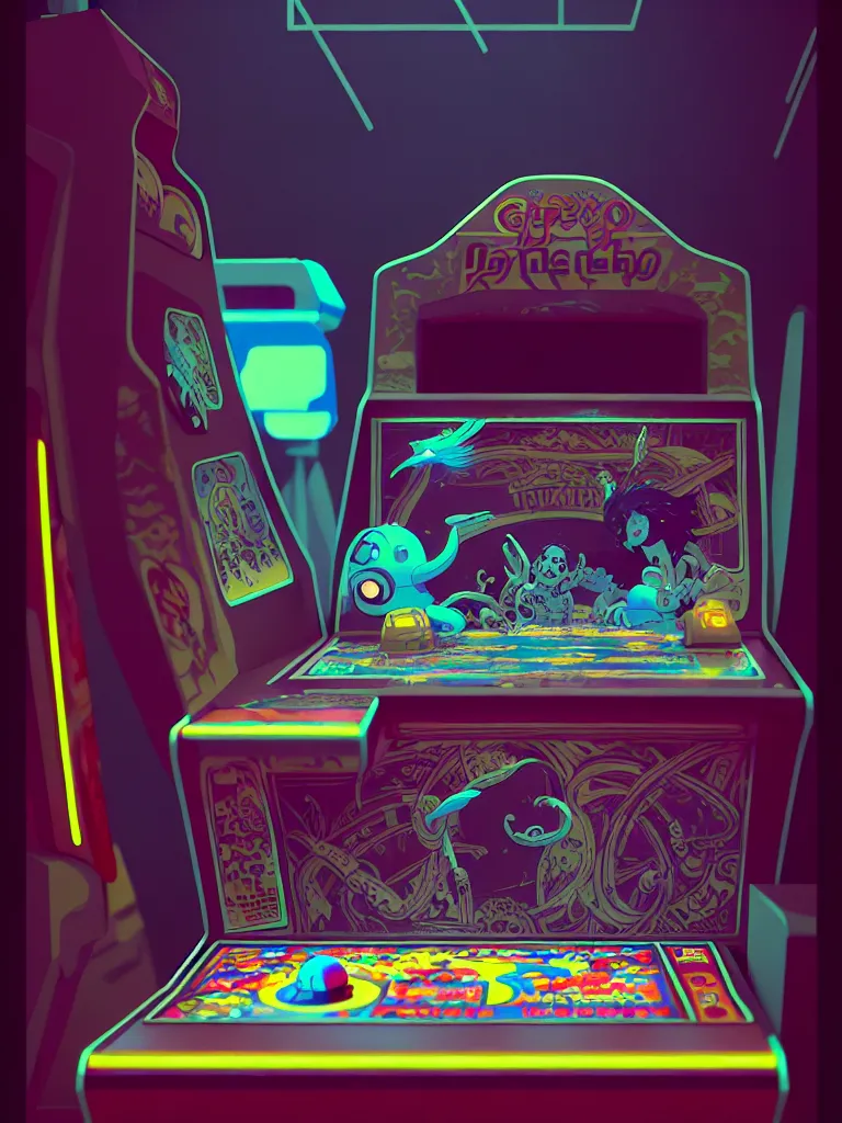 Image similar to retro arcade cabinet, moody::alejandro jodorowsky, studio ghibli, beeple and James Gilleard and Justin Gerard :: ornate, dynamic, particulate, intricate, elegant, highly detailed, centered, artstation, smooth, sharp focus, octane render, 3d