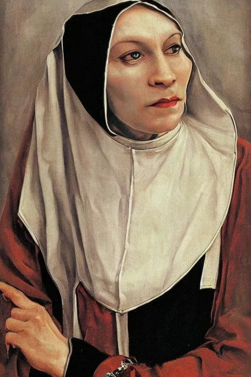 Prompt: portrait, vampire nun, opulent silver embroidered habit, art by jacek malczewski