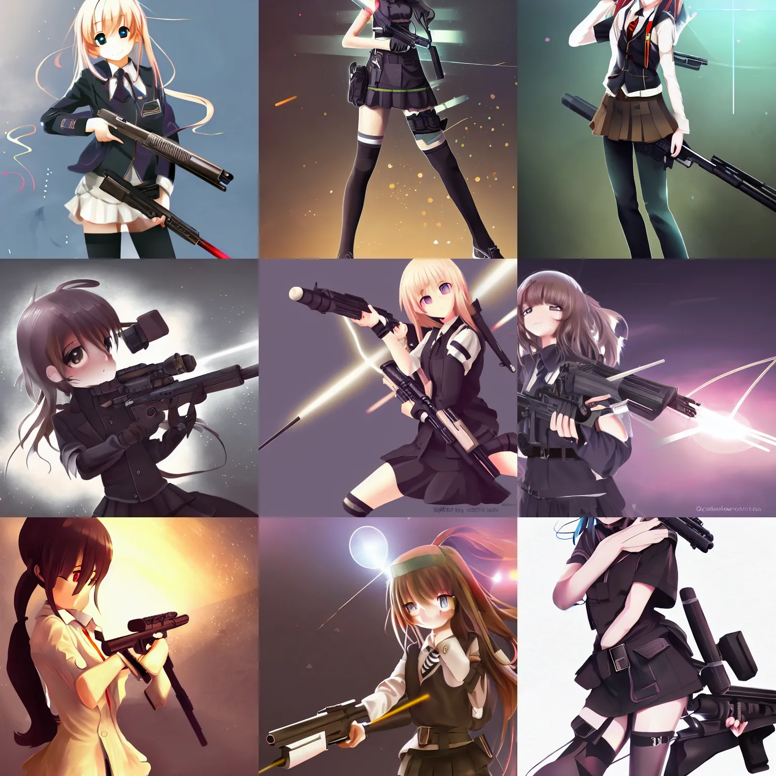 Prompt: anime, full body, cute, female, a pretty girl wearing a school uniform and holding a sniper rifle, light and shadow effects, highly detailed, digital painting, art station, sharp focus, illustration, concept art, advanced digital anime art