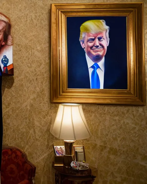 Image similar to a presidential portrait of donald trump in the style caricature artist dan springer hanging on a wall at mar - a - largo