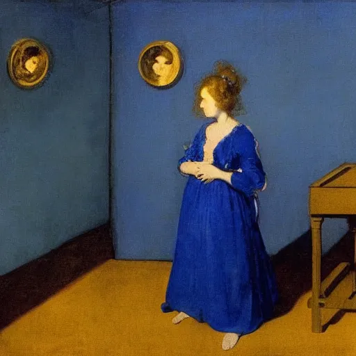 Image similar to a girl in a blue and gold haunted liminal room, film still by goya, colors by pontormo, lights by hopper, extreme detail, liminal aesthetic, background art nouveau,
