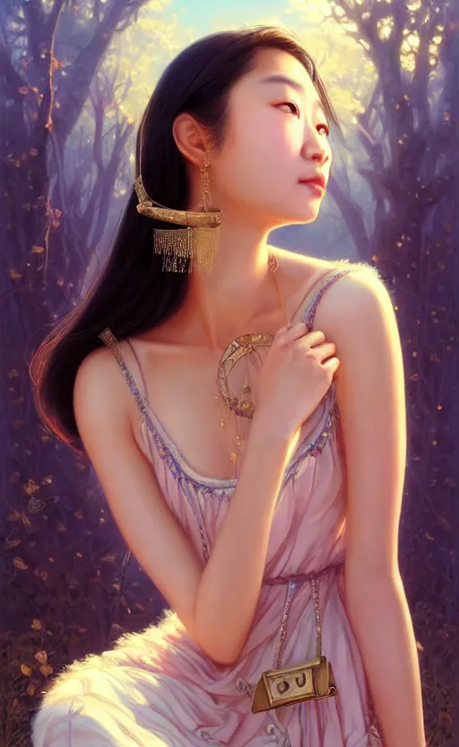 Image similar to a beautiful young charming asian goddess with sundress + jewelry + shinny eyes | | winter, symmetric, realistic shaded, unpleasant face, good looking, fine details, dior, lv, realistic shaded lighting poster by greg rutkowski, macoto takahashi, magali villeneuve, artgerm, jeremy lipkin and michael garmash