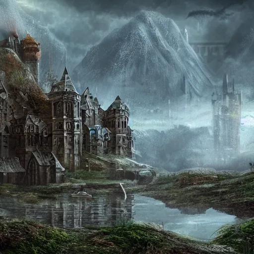 Prompt: a humongous city abandoned on the medieval highlands biome, digital art, wet reflections, intricate details, fantasy, hyper realism, humongous view, rtx, smooth, cinematic