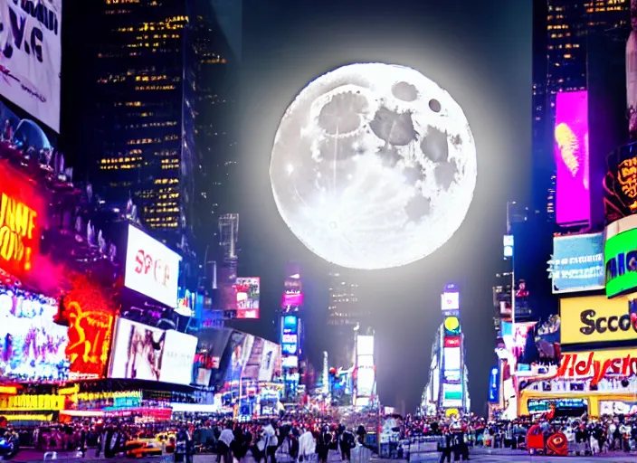 Image similar to film still of the moon shattering into pieces exploding moon over time square in the new sci - fi movie, 8 k, night time