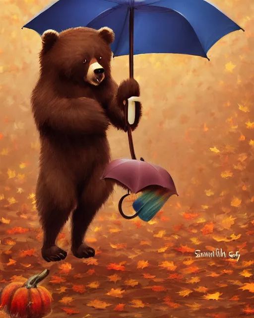 Prompt: autumn a bear with an umbrella by samuel smith trending on artstation