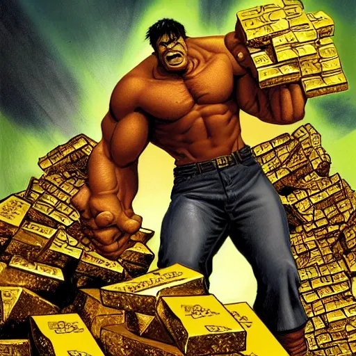 Image similar to hulk standing on top of a pile of gold bars, ultra detailed, hdr, 8 k, joe jusko