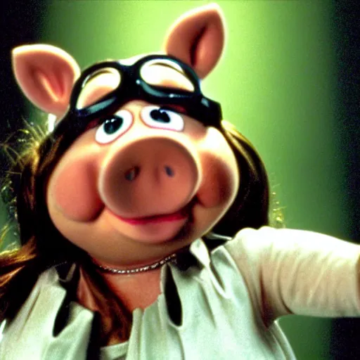 Image similar to movie still of miss piggy starring as trinity in the matrix 1 9 9 9 movie