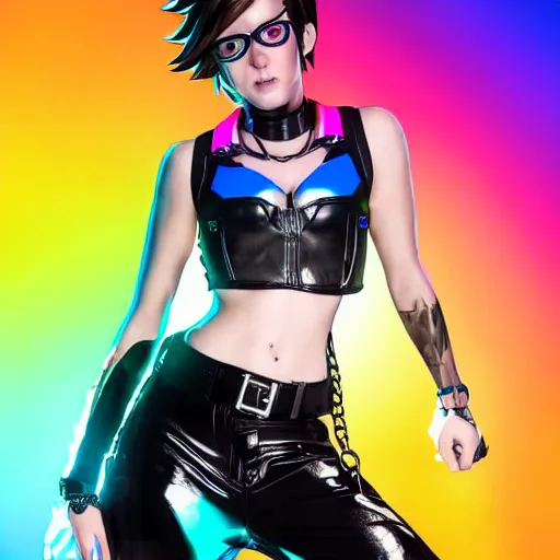 Prompt: full body digital artwork of tracer overwatch, wearing black iridescent rainbow latex tank top, 4 k, expressive happy smug expression, makeup, in style of mark arian, wearing detailed black leather collar, chains, black leather harness, detailed face and eyes,