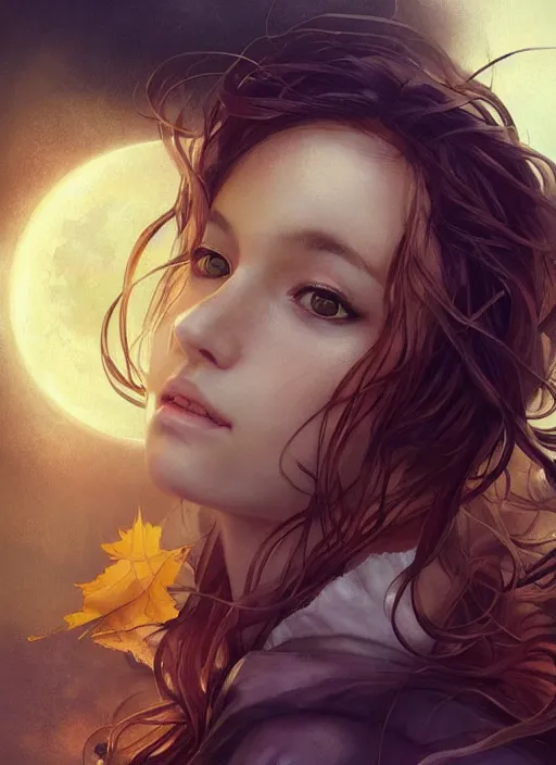 Image similar to golden leaves at frame border, creative!!! composition for a book cover, moon, beautiful portrait painting, a female witch absurdly beautiful, ultrafine hyperrealistic detailed face by wlop and artgerm and greg rutkowski, intricate linework, sharp focus, smooth, octopath traveler, final fantasy, unreal engine, dramatic lighting, ethereal, 8 k