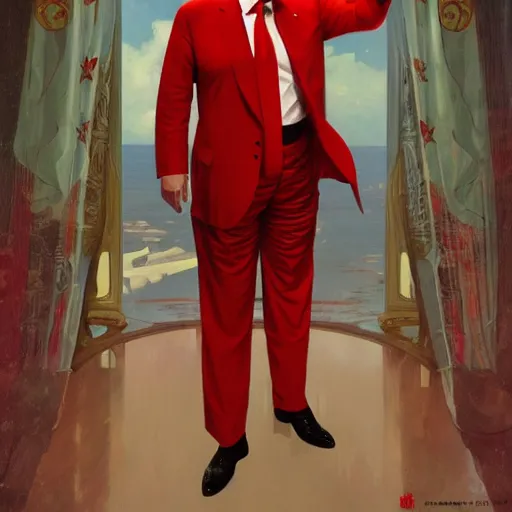 Image similar to donald trump in a red suit, digital art, floating yellow stars, communist, heroic, art by alphonse mucha, wlop, greg rutkowski, 4 k, extremely detailed, cinematic lighting, trending on artstation