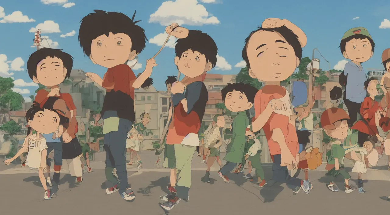 Prompt: (illustration) of 3-d young hip ape kids wearing a street clothes, by (((Studio Ghibli))), 8k, soft lighting, cartoon look, face enhance, sharp focus, concept art, smooth