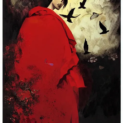 Image similar to portrait of a daydreaming melancholic latin woman in red monk habit being progressively rasterized into pixels from another world, she is surrounded by digital birds, oil on canvas game poster by yoji shinkawa, esao andrews, dave mckean and stina persson