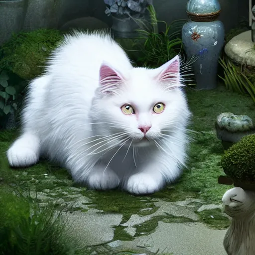 Prompt: hyperrealistic image of fun, fluffy white cat with one blue eye and one green eye, in a fairy garden, stunning 3 d render inspired art by greg rutkowski and xiang duan, perfect facial symmetry, realistic, highly detailed attributes and atmosphere, dim volumetric cinematic lighting, 8 k octane detailed render, post - processing, masterpiece