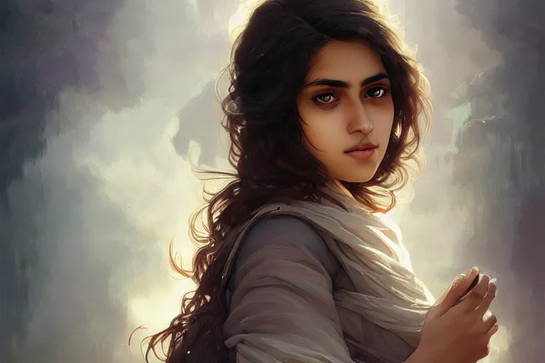 Image similar to sensual good looking pale young bengali girl with soulful eyes with a majestic german shepherd, portrait, elegant, intricate, digital painting, artstation, concept art, smooth, sharp focus, illustration, art by artgerm and greg rutkowski and alphonse mucha