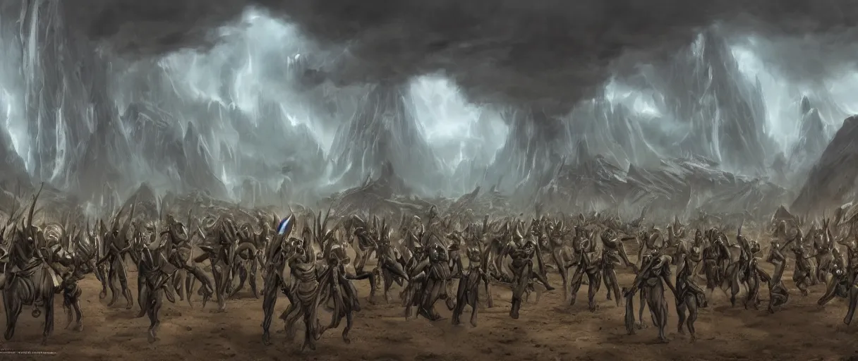 Image similar to digital painting concept art of a xenomoprh army, high detailed, volumetric lighting, style of Ralph McQuarrie, matte painting, photoshop
