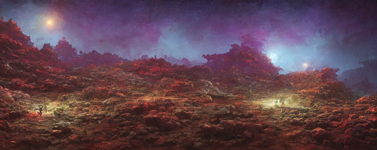 Prompt: ” barren rocky landscape at night, [ cinematic, detailed, epic, widescreen, opening, establishing, mattepainting, photorealistic, realistic textures, octane render, art by paul lehr ] ”