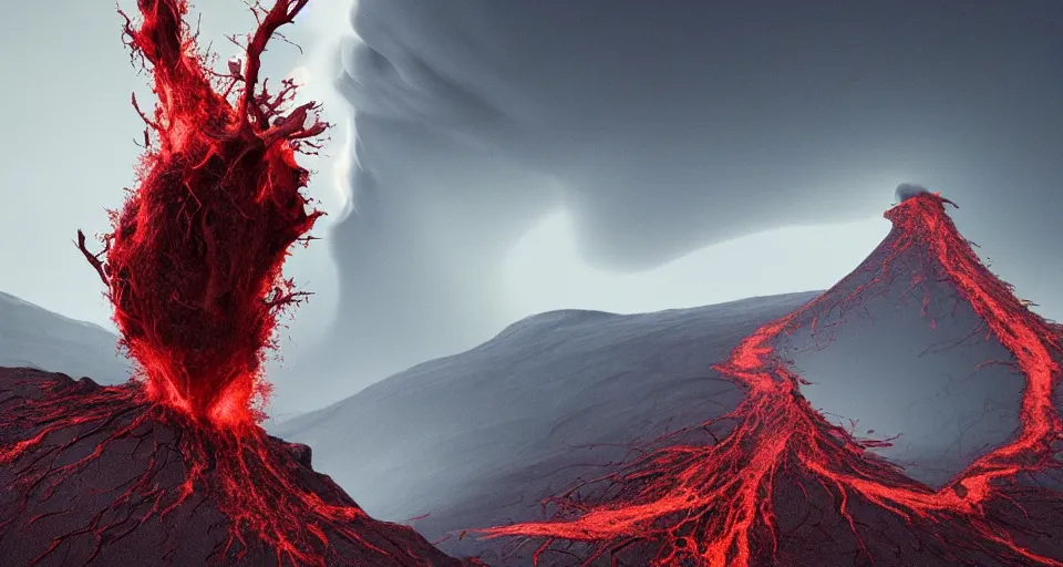 Image similar to a volcano made of ivory vines and crimson rocks enters in eruption, it spits a smoke in the shape of demonic eye, by filip hodas