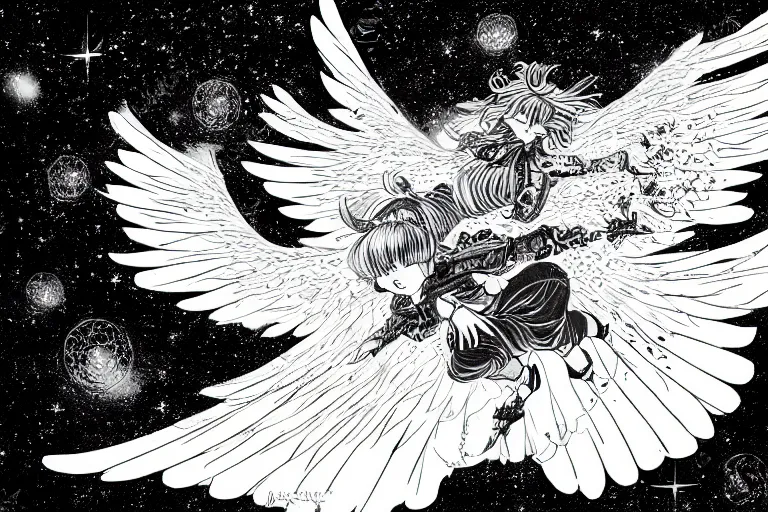 Image similar to angelic majestic winged lioness flying in outer space, stars dotted in background, black and white ink on paper, thick thick thick outlines, 8k high quality detailed manga art, trending on art station and cgsociety, super wide angle, octane, by Eiichiro Oda and Hokusai