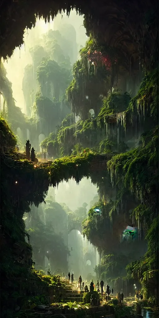 Image similar to City hidden in a cave, natural light, lush plants and flowers, elegant, intricate, fantasy, atmospheric lighting, by Greg rutkowski