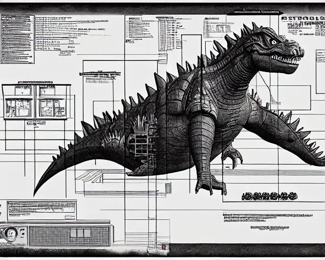 Prompt: a full page of a mechanical blueprint showing the interior of godzilla, with a big head, muted colors, post grunge, studio ghibli, hq,