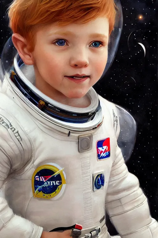 Prompt: a little boy with a michievous face and ginger hair. he is an astronaut, wearing a space suit. clean elegant painting, beautiful detailed face. by artgerm and greg rutkowski