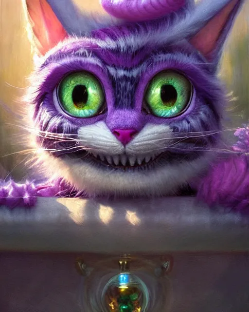 Image similar to an adorable cheshire cat in wonderland | highly detailed | very intricate | symmetrical | fantasy and whimsical and magical | soft cinematic lighting | disney pixar | award - winning | painted by donato giancola and paul lehr and ross tran | pastel color palette | featured on artstation