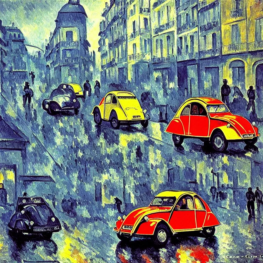 Image similar to colorful citroen 2 cv racing through paris in the 1 9 5 0 s. dark skies, rain. movement. impressionistic oil painting by pisaro, by cezanne, by matisse