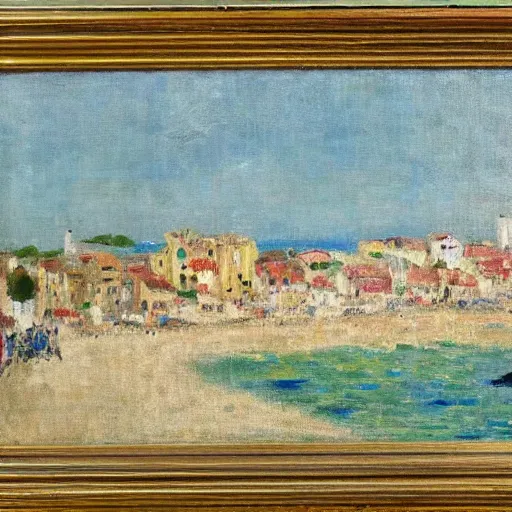 Image similar to a town by the seaside, impressionist