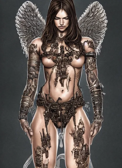 Image similar to Portrait of Ratajkowski as an angel warrior legs, completely covered by armour and runes , angelical runes tattooed all over his legs, intricate down body, whole body, highly detailed, digital painting, artstation, concept art, smooth, sharp focus, illustration, art by Hajime Sorayama