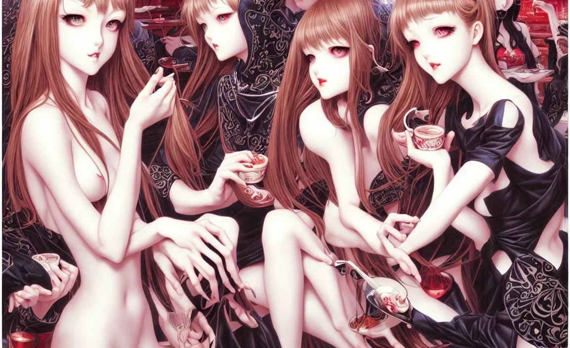 Prompt: beautiful French girls in a café with Satan. insanely and epically detailed supreme-quality color ink pen artwork, amazingly composed image, illustrated by Range Murata and Artgerm and Stanley Law.