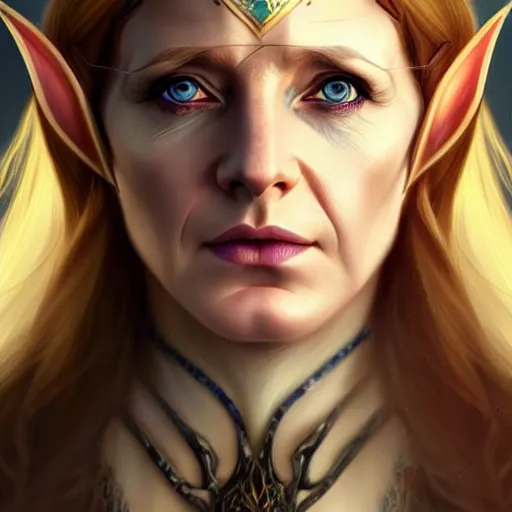 Image similar to half elf sorceress looking like angela merkel, D&D, blue eyes, blonde hair, fantasy, intricate, elegant, highly detailed, digital painting, artstation, concept art, smooth, sharp focus, illustration, art by artgerm and greg rutkowski and alphonse mucha