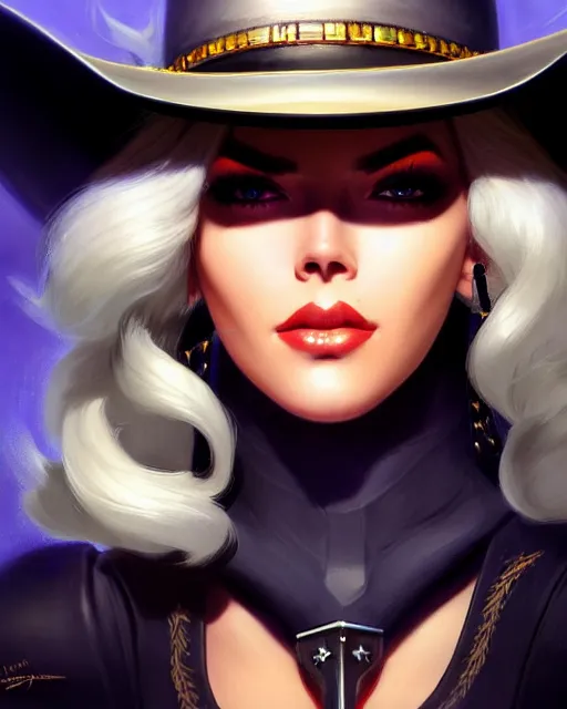 Image similar to ashe from overwatch, white hair, black cowboy hat, character portrait, portrait, close up, highly detailed, intricate detail, amazing detail, sharp focus, vintage fantasy art, vintage sci - fi art, radiant light, caustics, by boris vallejo