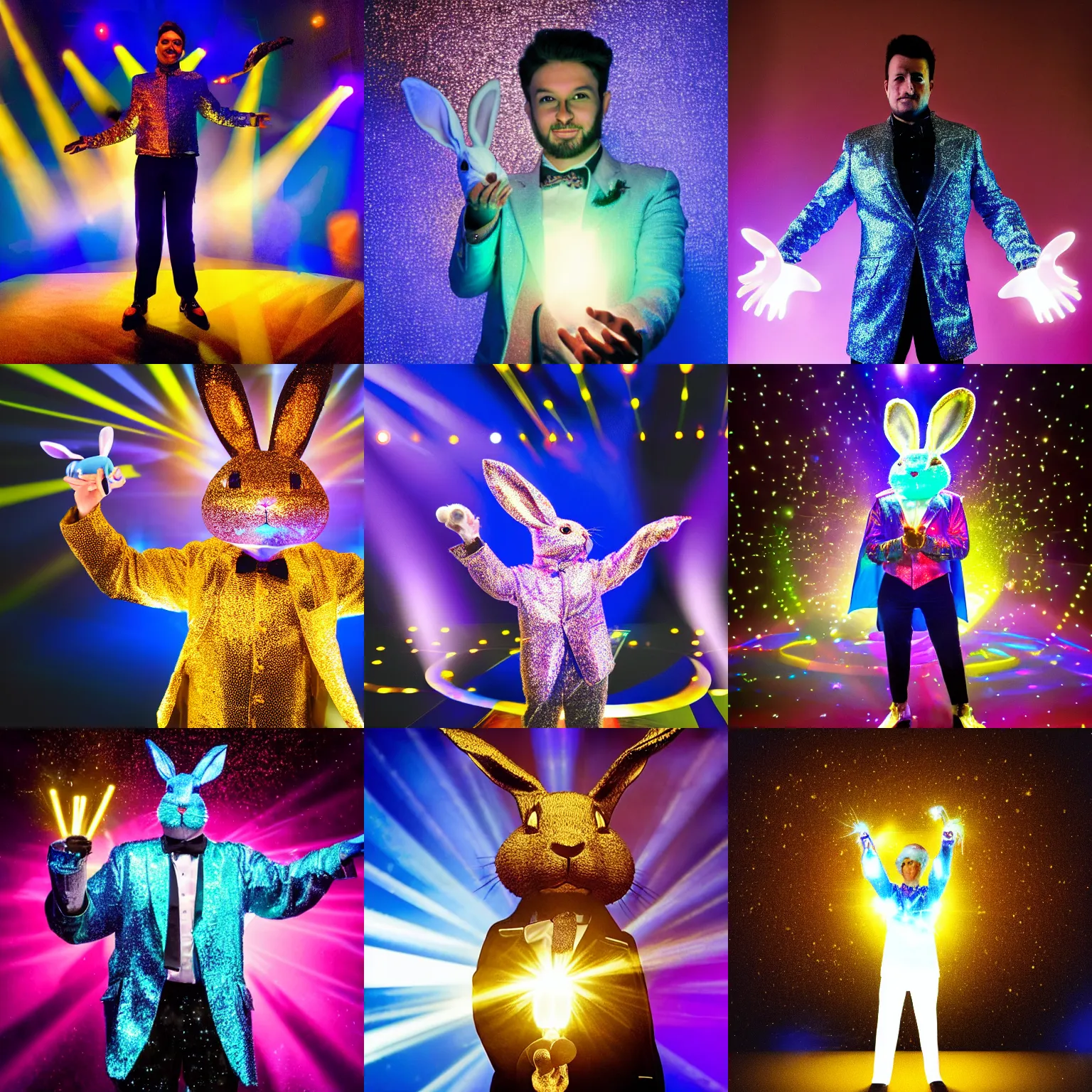 Prompt: a magician stands on a stage, arms stretched outwards, holding a luminsecent rabbit in his right hand, elaborate glittery clothing, he is lit by a blue spotlight, volumetric lighting