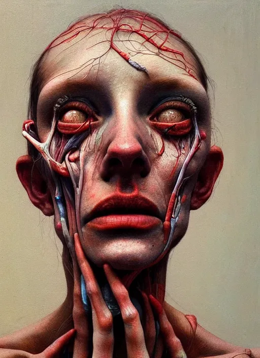 Image similar to there is ugliness in beauty, but there is also beauty in ugliness detailed portrait painting inspired by beksinski and alex gray, accurate anatomy, vintage, by jenny saville, edward hopper trending on artstation. 8 k