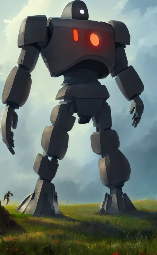 Image similar to iron giant standing near his farm, dynamic lighting, photorealistic fantasy concept art, trending on art station, stunning visuals, creative, cinematic, ultra detailed