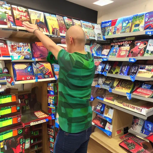 Prompt: Baldi from Baldi's Basics shopping for video games in London.