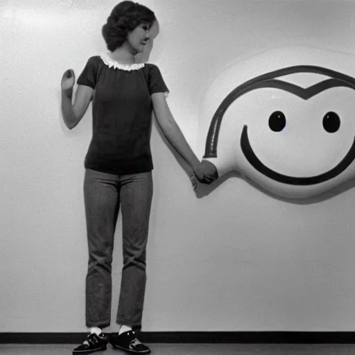 Image similar to 1978 teenage girl holds hands with smiley inflatable boyfriend at high school, color John Waters film, in school hallway, dirty walls, archival footage, technicolor film, 16mm, live action, Fellini, campy