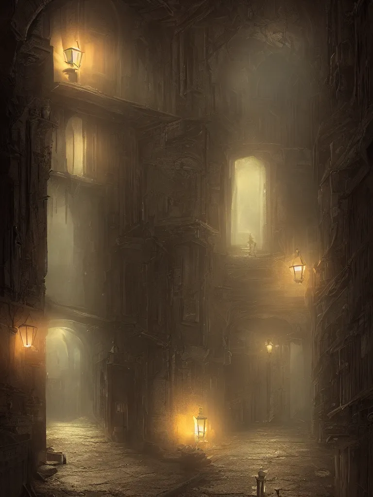 Image similar to a detailed matte painting of a nightscene with a dark alley at the end an illuminated door in the style of greg rutkowski