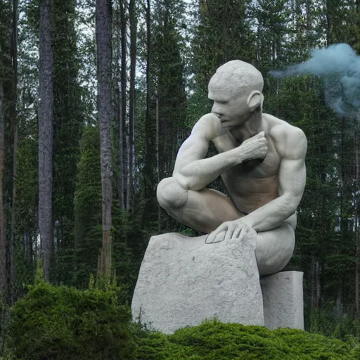 Image similar to the thinker sculpture disintegrating into a dust cloud, in a forest setting at dusk