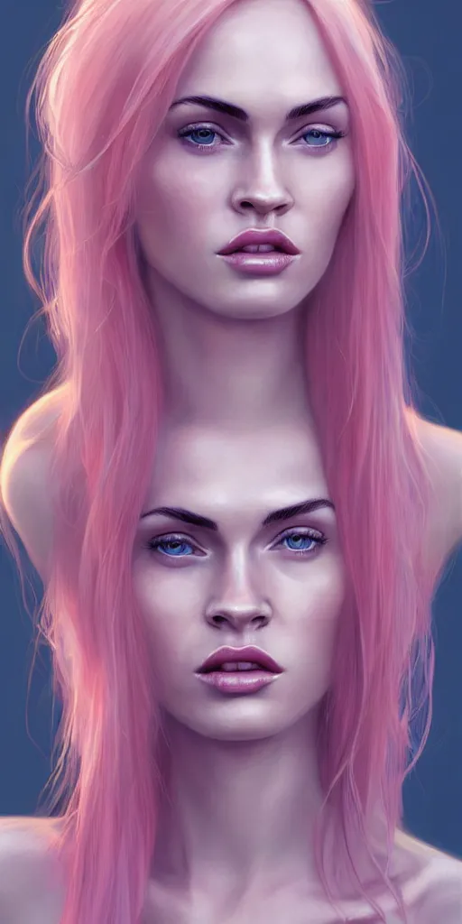 Image similar to Portrait of a beautiful pale skin Nordic female megan fox with long pink hair, elegant, photorealistic, highly detailed, artstation, smooth, sharp focus, gold ornaments, neon lighting, sci-fi, art by Klimt