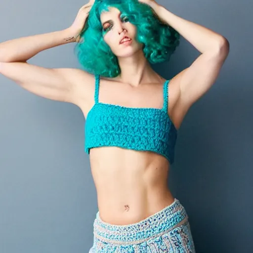 Image similar to “photo of Caucasian female model with blue hair wearing a crocheted crop top”
