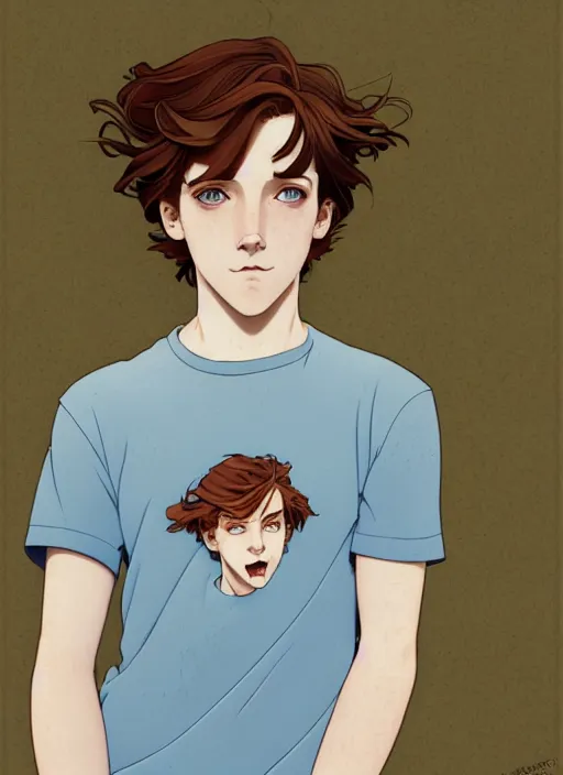 Image similar to art nouveau portrait of a teen boy with completely straight auburn hair, light blue eyes, pale skin, freckles, sad expression, t - shirt, modern casual clothing, natural lighting, path traced, highly detailed, high quality, cartoon, digital painting, by don bluth and ross tran and studio ghibli and alphonse mucha