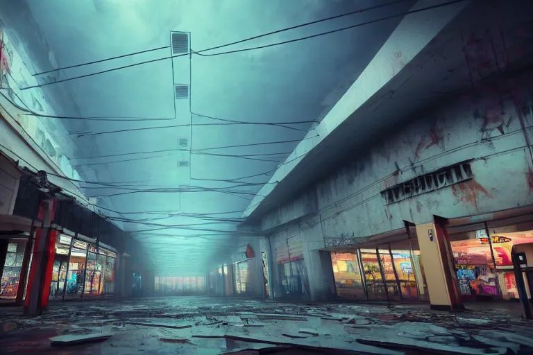 Prompt: low angle photo of a abandoned cyberpunk shopping mall, dead bodies flying, cinematic lightning, ray tracing, unreal engine, photorealistic, detailed, dark, moody, foggy, scary
