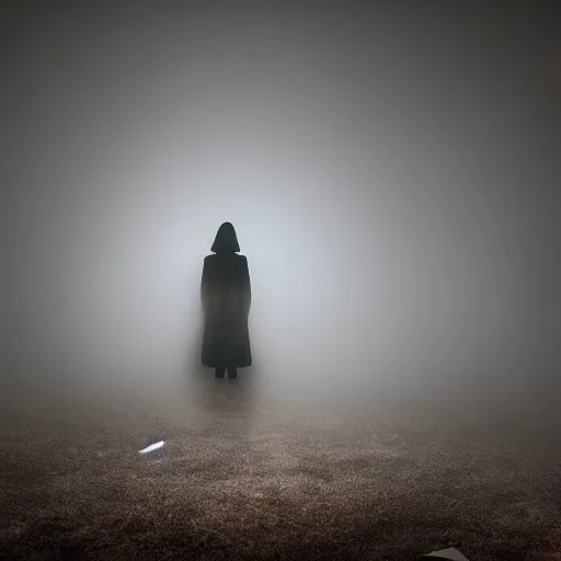 Prompt: dim lights shining through dark fog, emptiness, lonely female figure standing small, spooky found footage, dramatic contrast