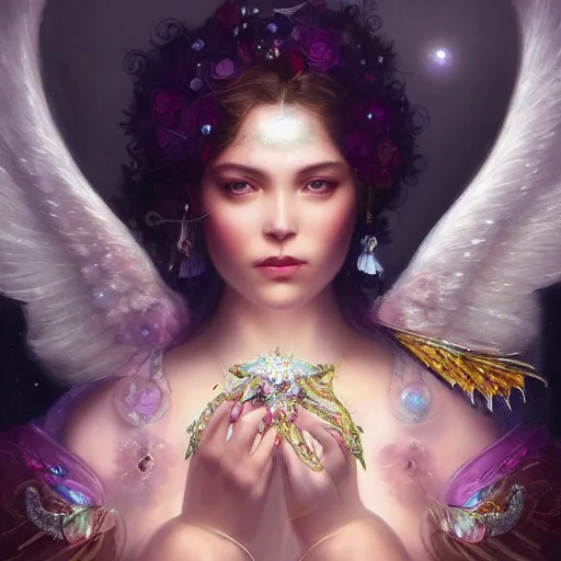 Image similar to A beautiful digital painting of a female angel full of jewels, princess, the moon behind her, intricate, cinematic lighting, highly detailed, digital painting, Artstation, concept art, smooth, sharp focus, illustration, art by Tom Bagshaw, Artgerm and Greg Rutkowski