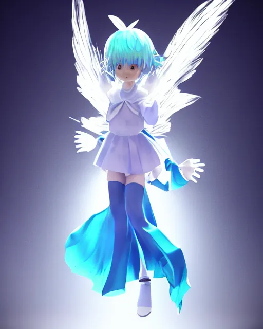 Image similar to full body 3d render of Cirno, studio lighting, white background, blender, trending on artstation, 8k, highly detailed